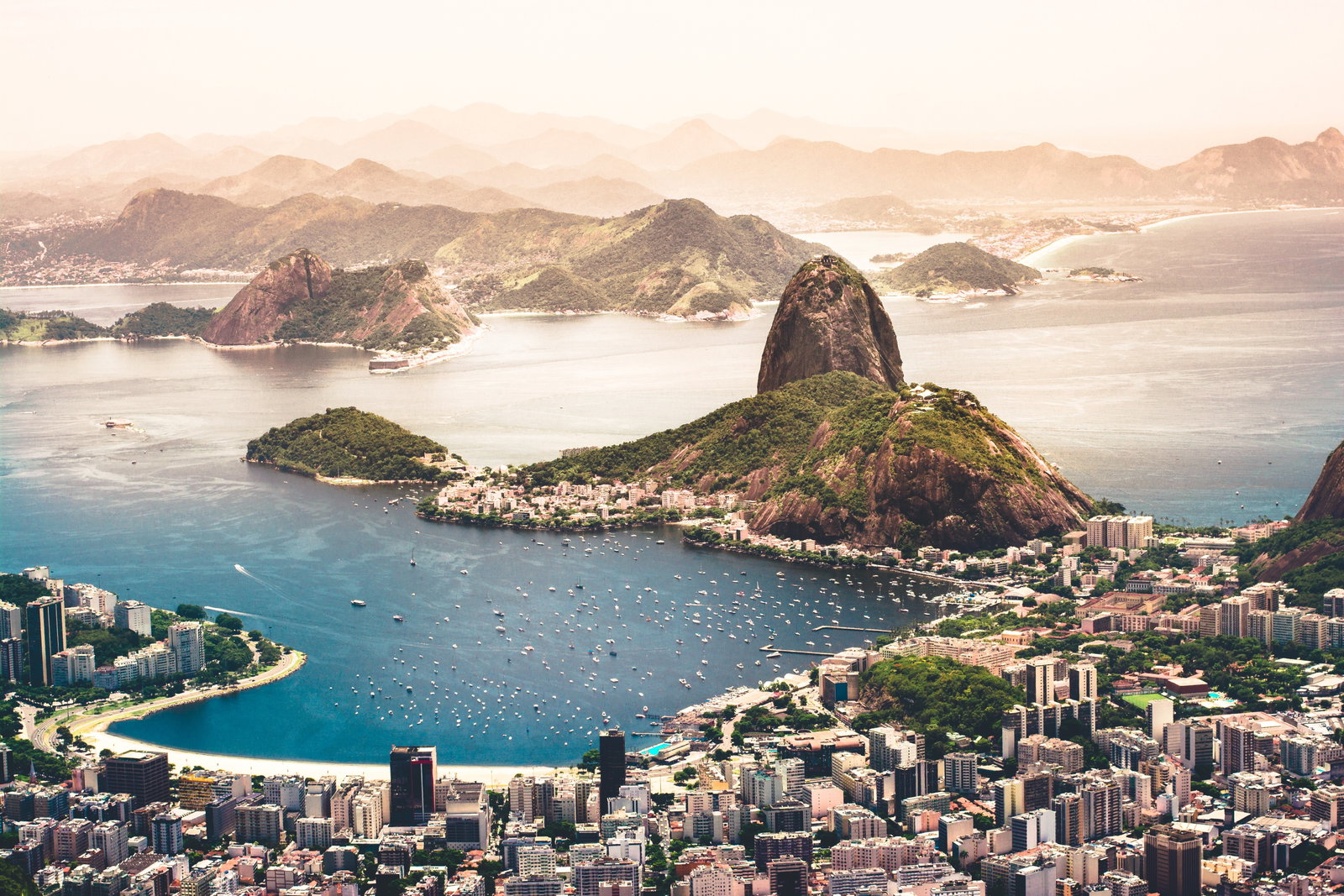 Panoramic view of Rio de Janeiro with Christ the Redeemer and Sugarloaf Mountain