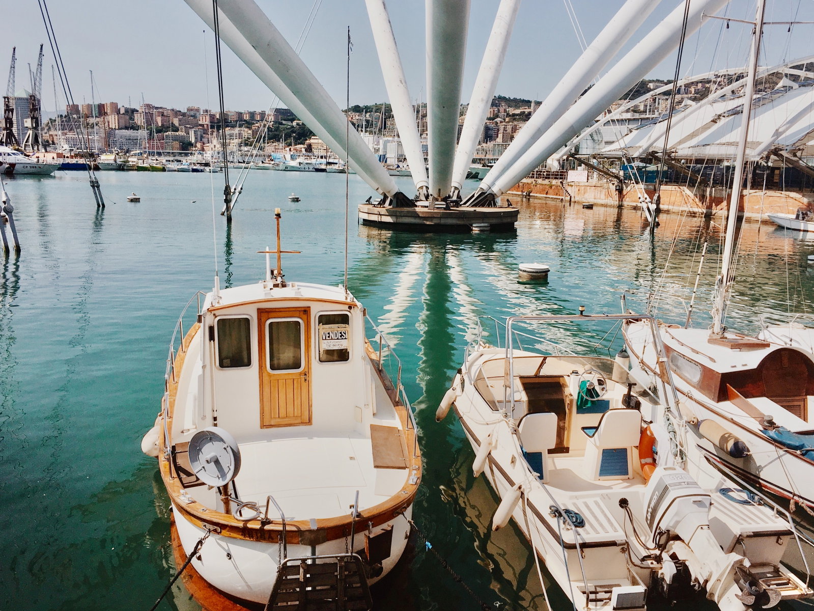 Historic buildings and a bustling harbor in Genoa, Italy, under a clear sky.