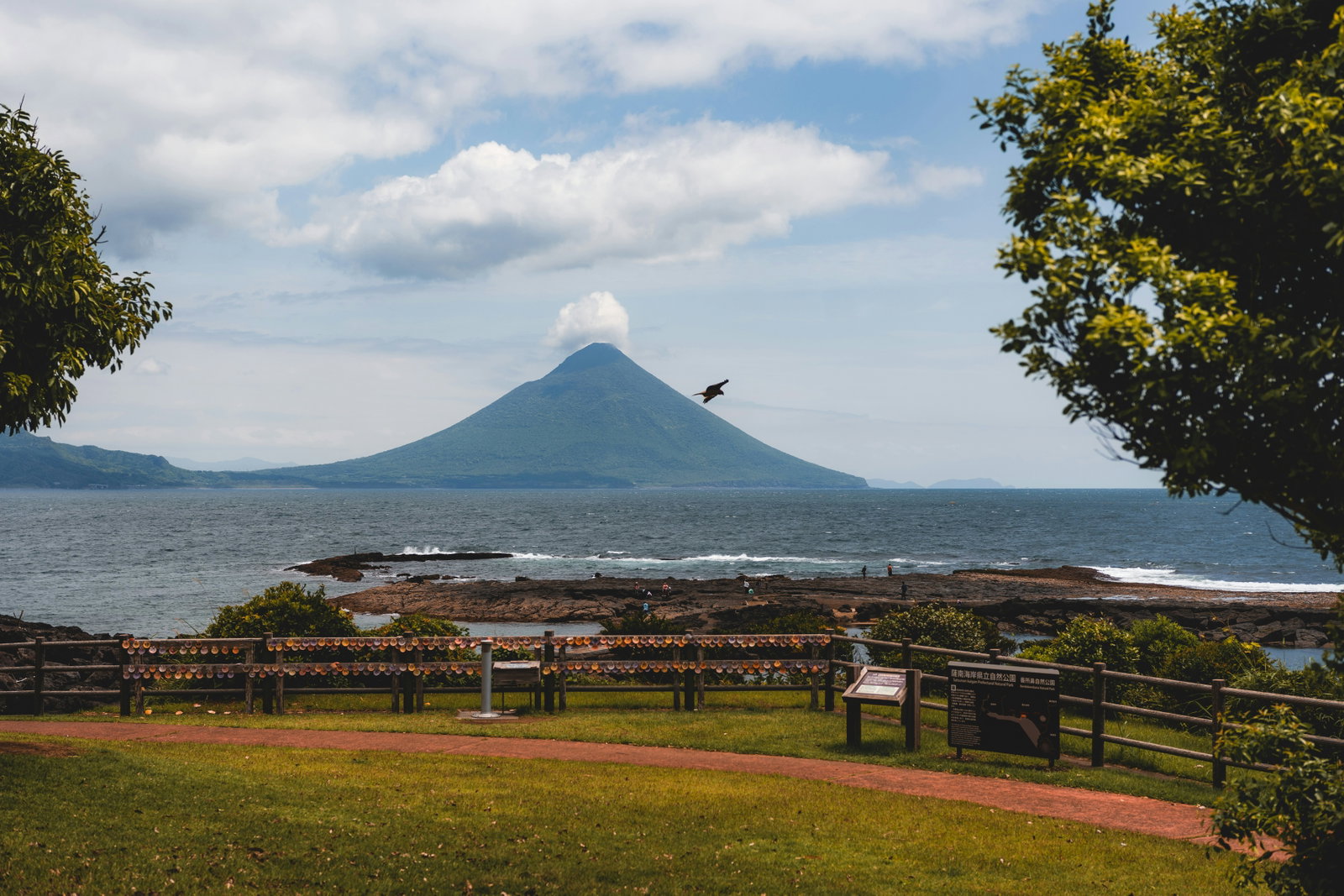 A cruise ship docked in Kagoshima Bay with the active Sakurajima volcano smoking in the background.