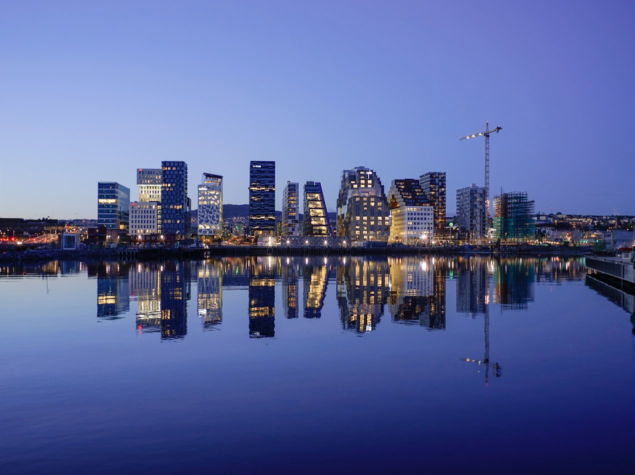 A bustling waterfront in Oslo with historic buildings and ships docked.