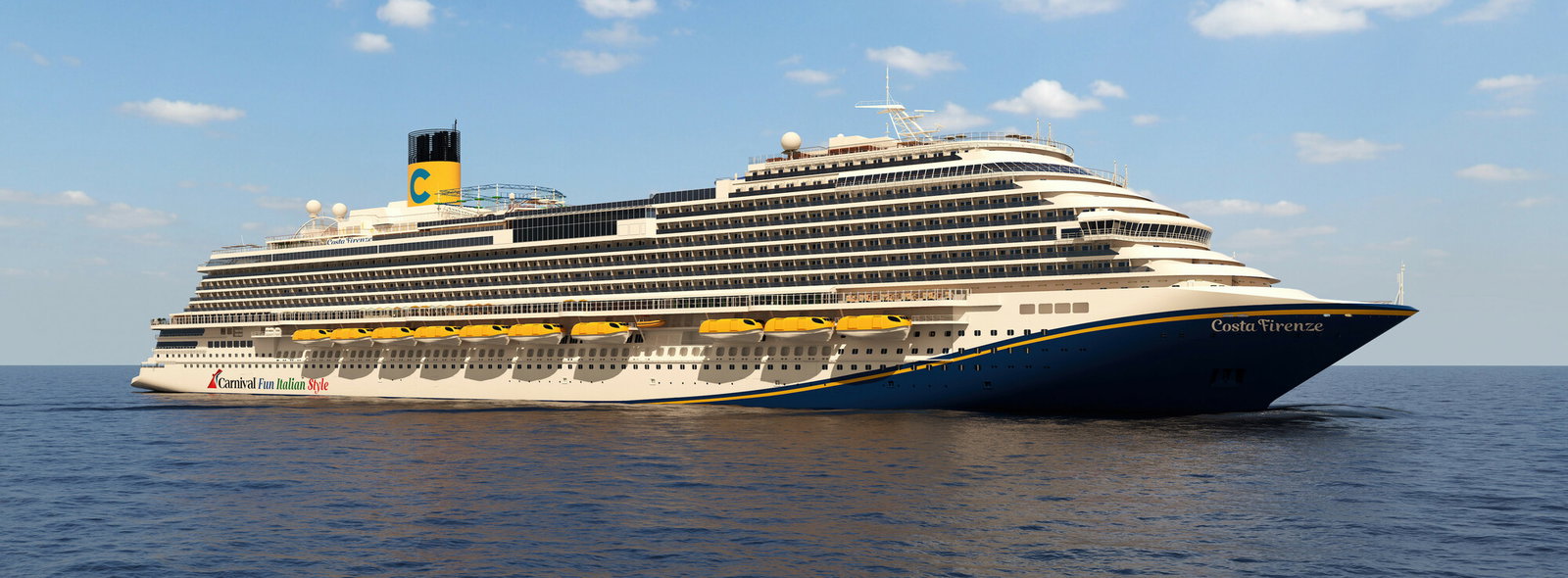 A cruise ship at sea with Italian-inspired architecture and a vibrant deck scene.