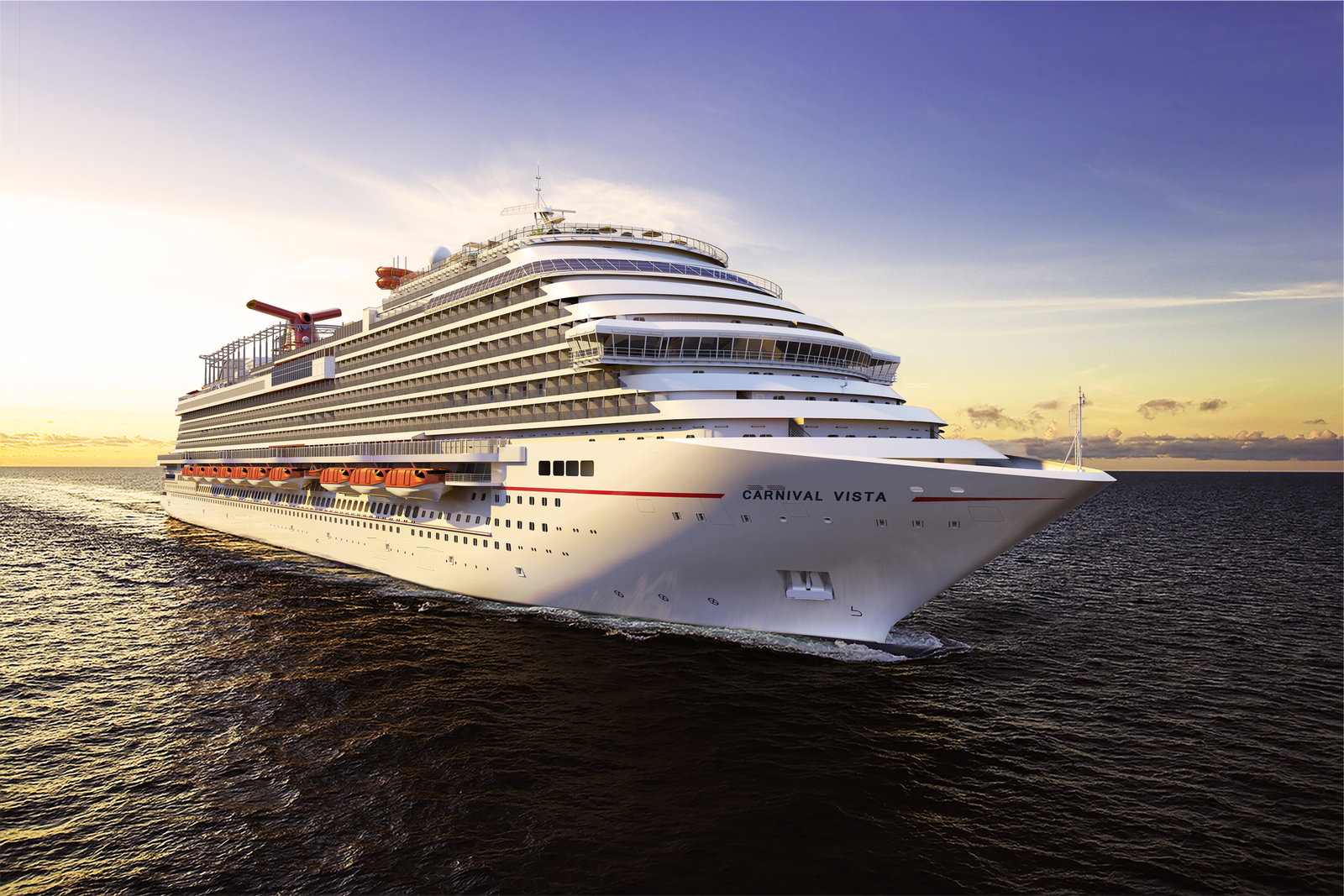 Aerial view of a large cruise ship with water slides and a sports deck at sea.