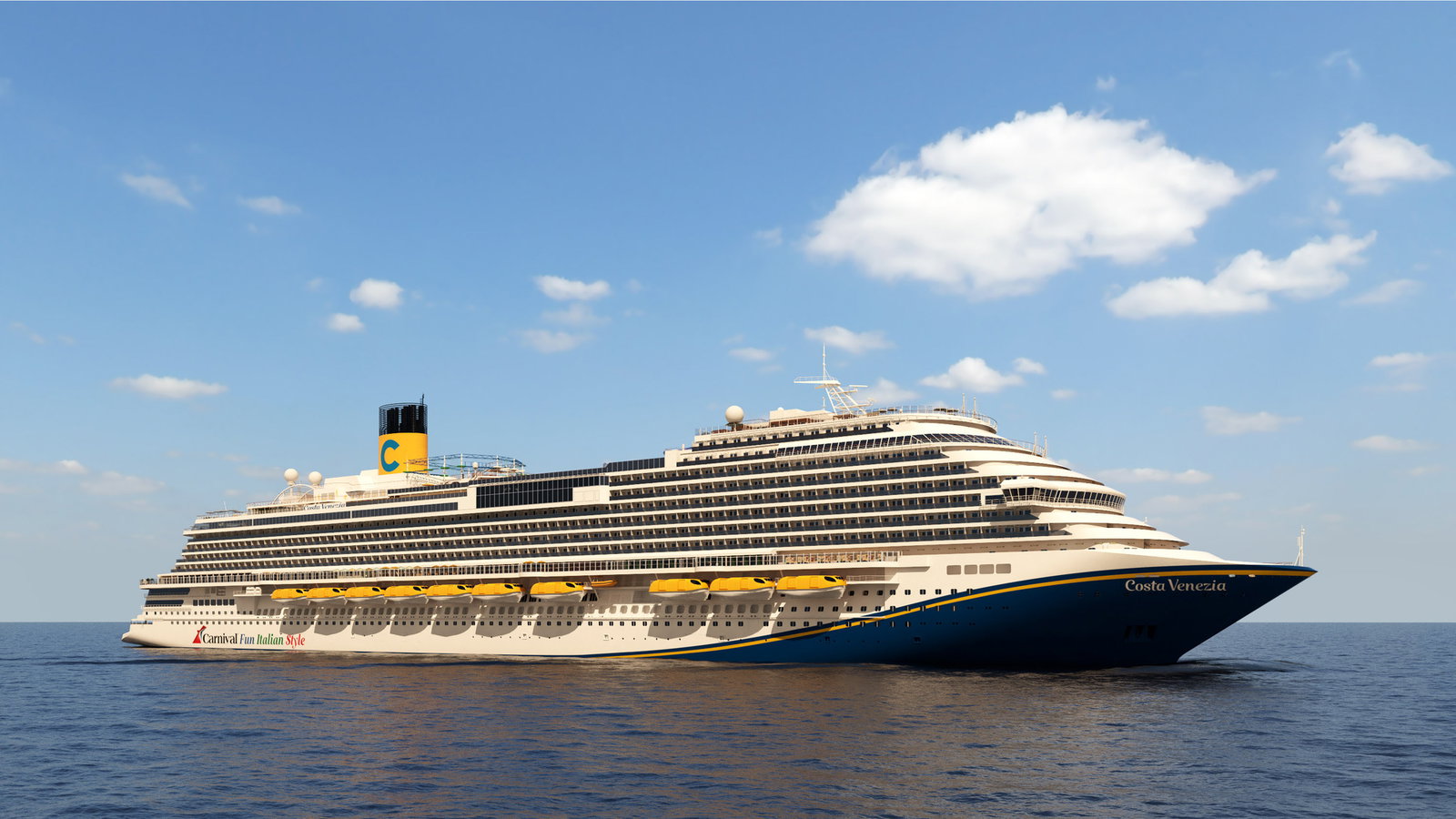 A large cruise ship with Italian-inspired architecture sailing on clear blue water under a sunny sky.