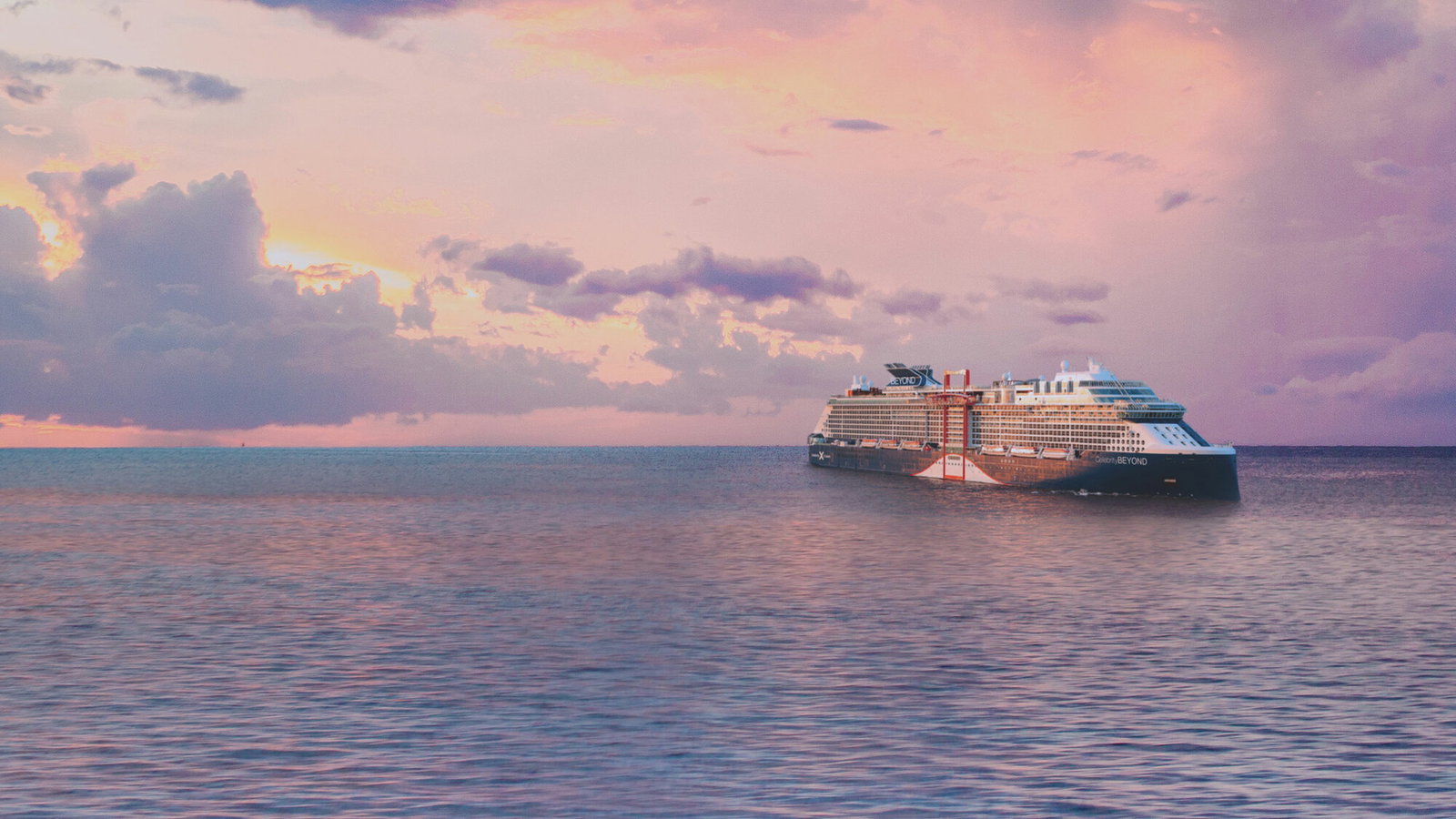 The Celebrity Beyond cruise ship sailing on calm blue waters at sunset