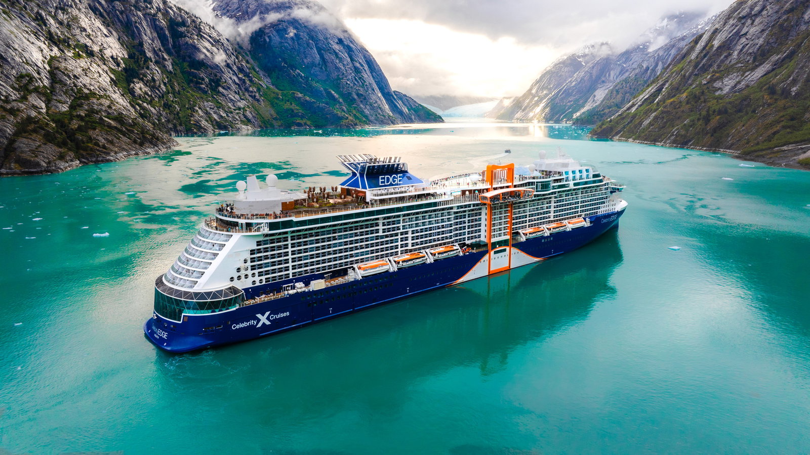 The Celebrity Edge cruise ship with its distinctive orange Magic Carpet feature.