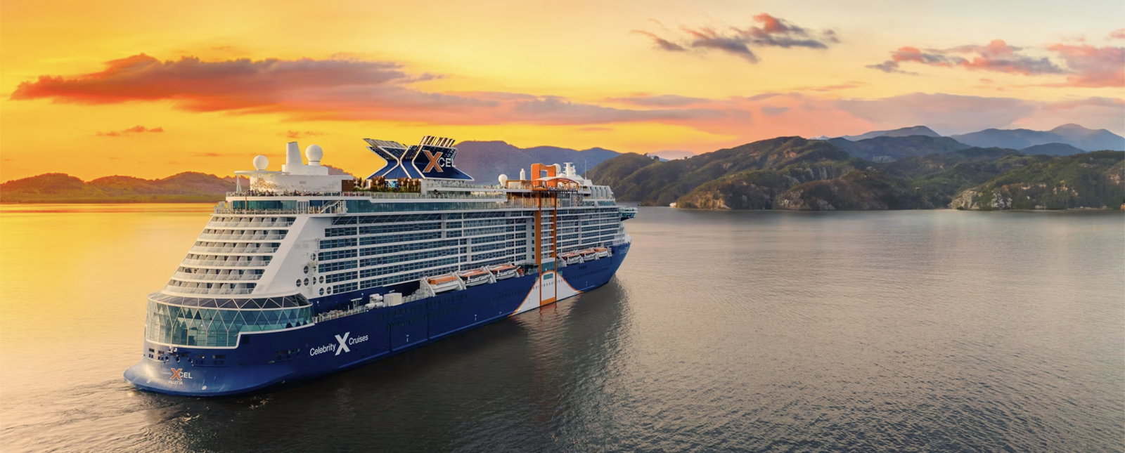 Luxury cruise ship sailing at sunset with elegant deck spaces and ocean views