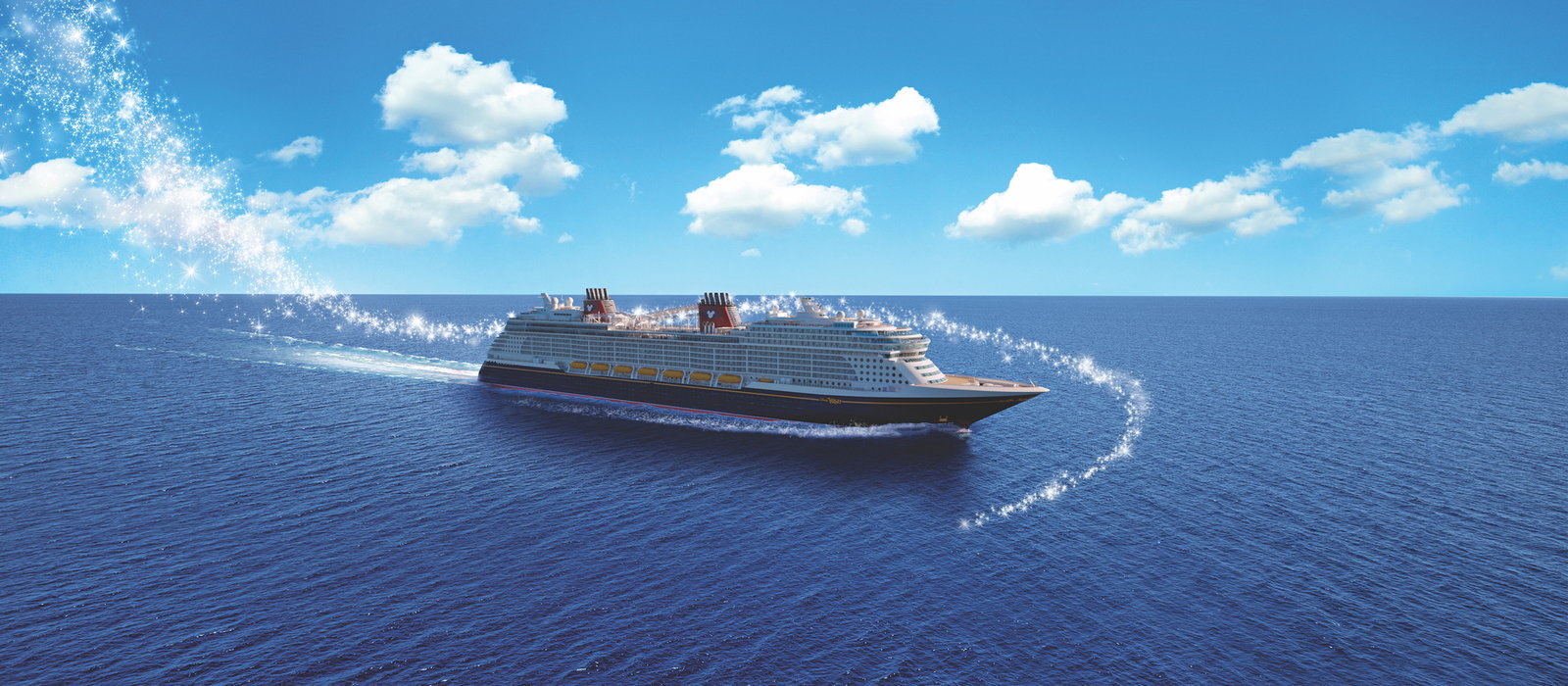 Exterior view of the Disney Wish cruise ship sailing on calm blue waters.