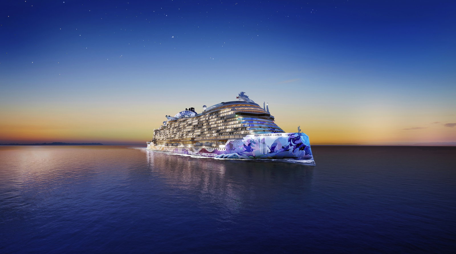 Wide view of a modern cruise ship sailing on calm, blue ocean waters