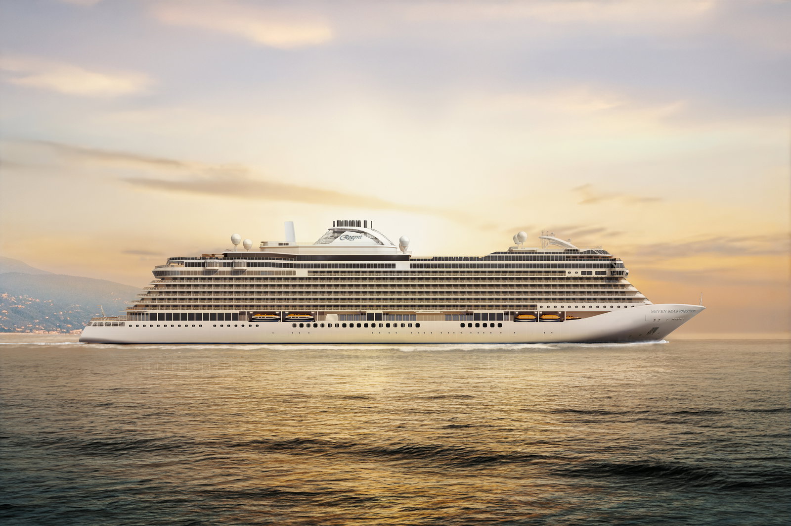 Elegant cruise ship sailing at sunset with luxurious balconies visible.