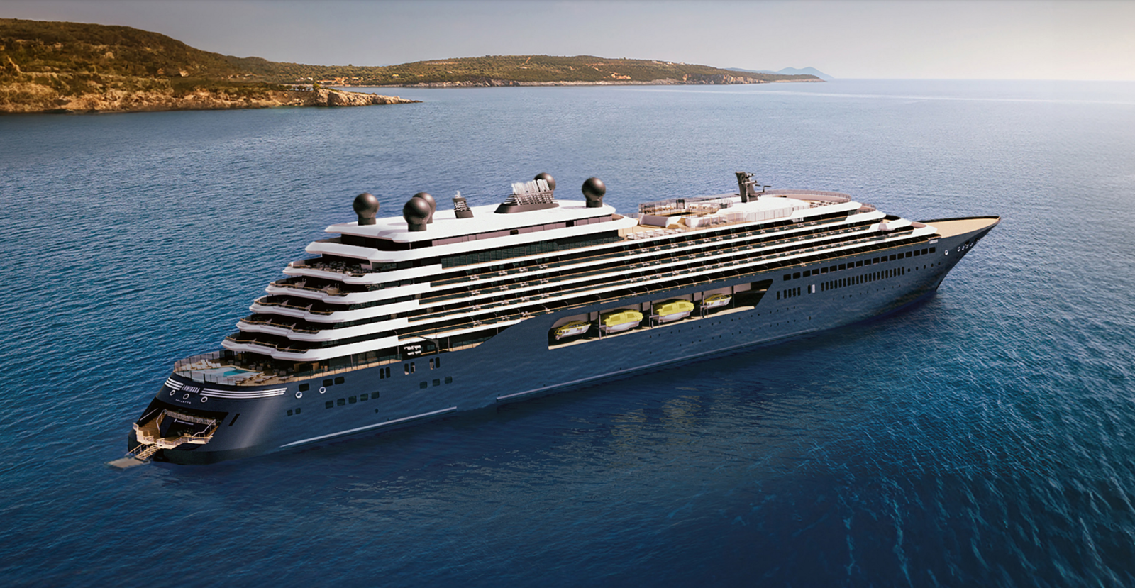 A luxury yacht sailing through calm waters at sunset, with balconies visible.